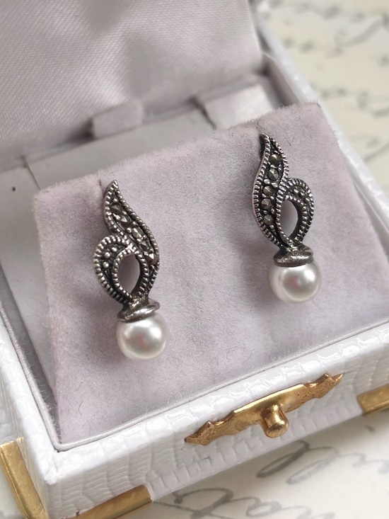 Estate Jewelry - Estate Sterling Silver Pearl Drop Stud Earrings with Marcasite Detail